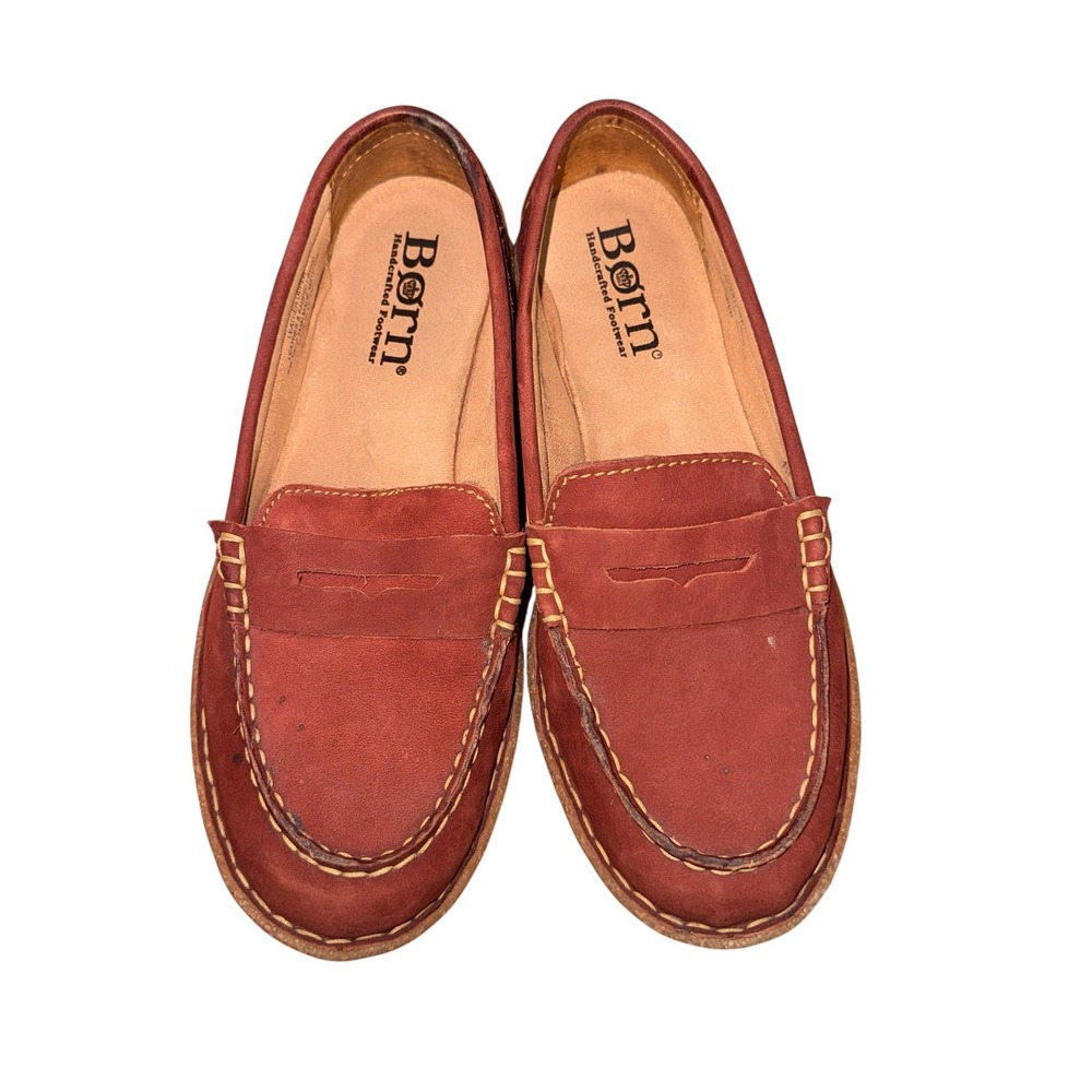 Born Penny Loafer Women 7.5 Pre-Owned Red Leather Contrast Stitching Shoes Boho - Picture 3 of 14